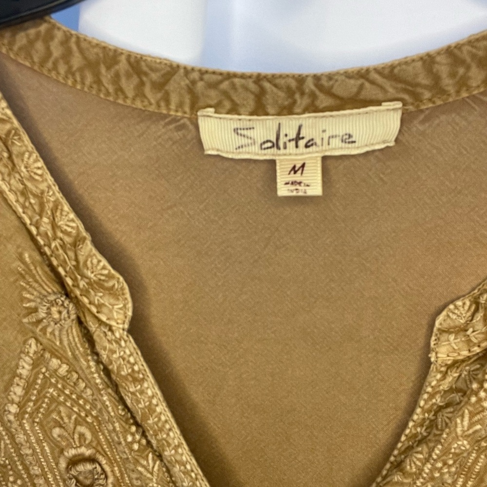 Solitaire Tan Embroidered Boho top  Medium - Picture 3 of 10